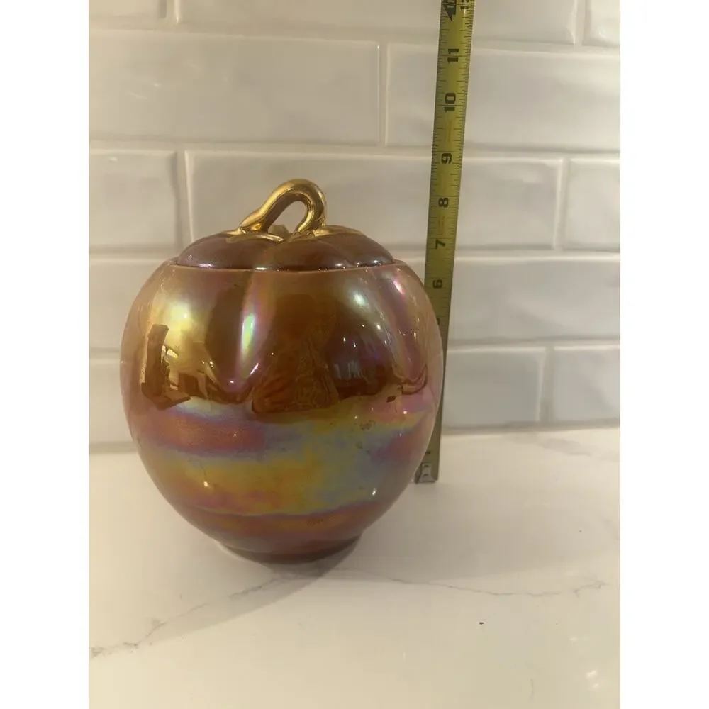 Vtg Fall Pumpkin Canister Orange Lusterware Iridescent Gold Lid Stem Cookie Jar‎
